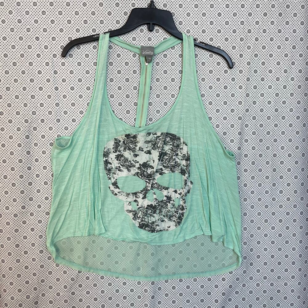 Y2K Crop Lace Mall Brand Vanity Mint Green Skull Graphic Tank Top Size M